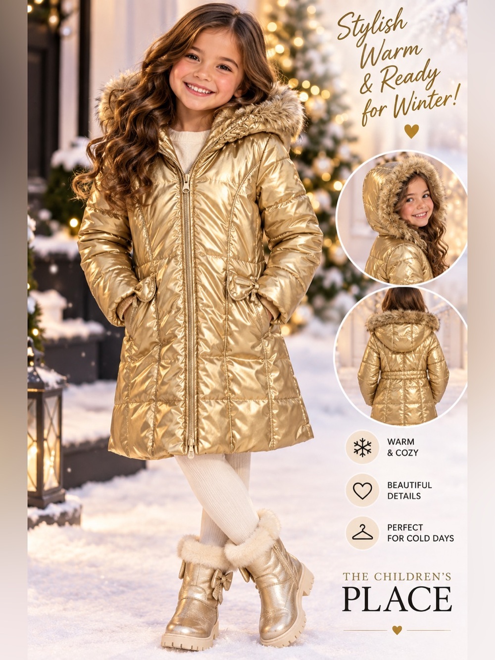 The Children's Place Shiny Gold Hooded Puffer Coat with Faux-Fur Trim